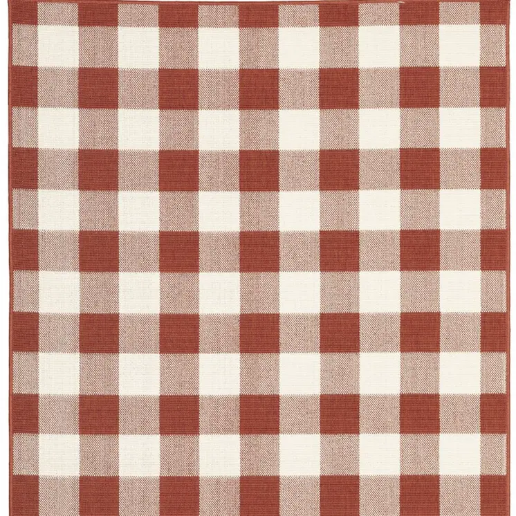 7' X 10' Red and Ivory Geometric Stain Resistant Indoor Outdoor Area Rug