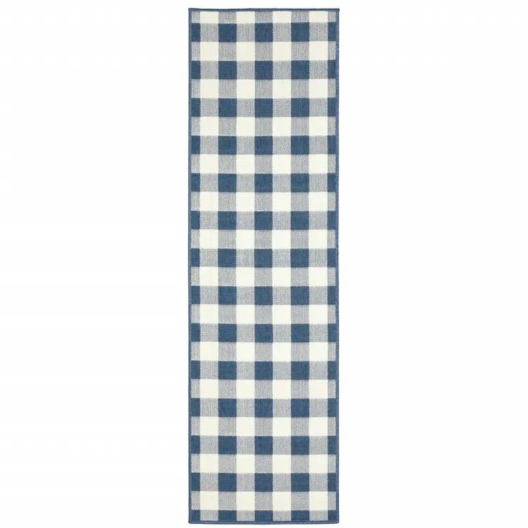 2' X 8' Blue and Ivory Geometric Stain Resistant Indoor Outdoor Area Rug