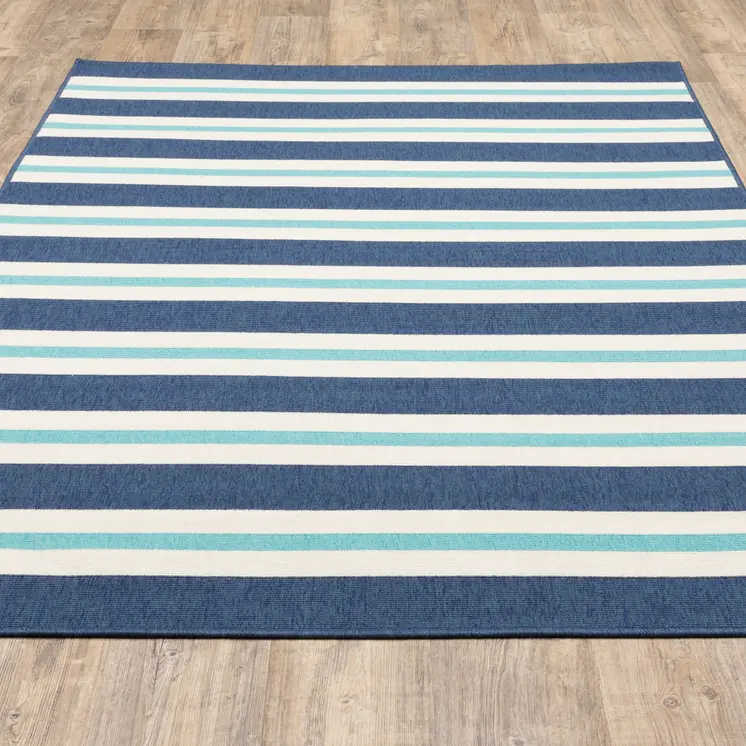 2' X 3' Blue and Ivory Geometric Stain Resistant Indoor Outdoor Area Rug