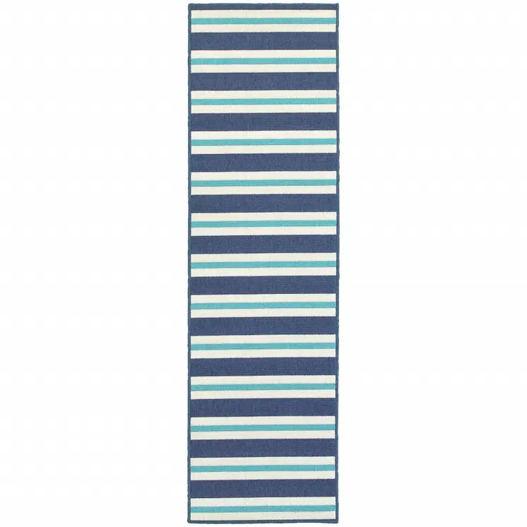 2' X 8' Blue and Ivory Geometric Stain Resistant Indoor Outdoor Area Rug
