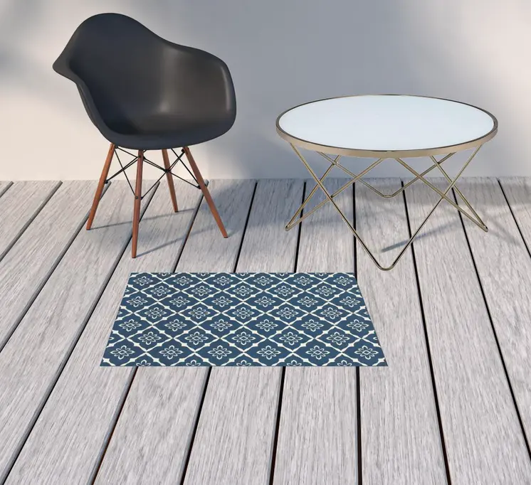 2' X 3' Blue and Ivory Floral Stain Resistant Indoor Outdoor Area Rug
