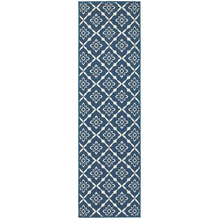 2' X 8' Blue and Ivory Floral Stain Resistant Indoor Outdoor Area Rug