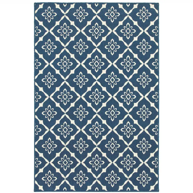 7' x 10' Blue and Ivory Floral Stain Resistant Indoor Outdoor Area Rug