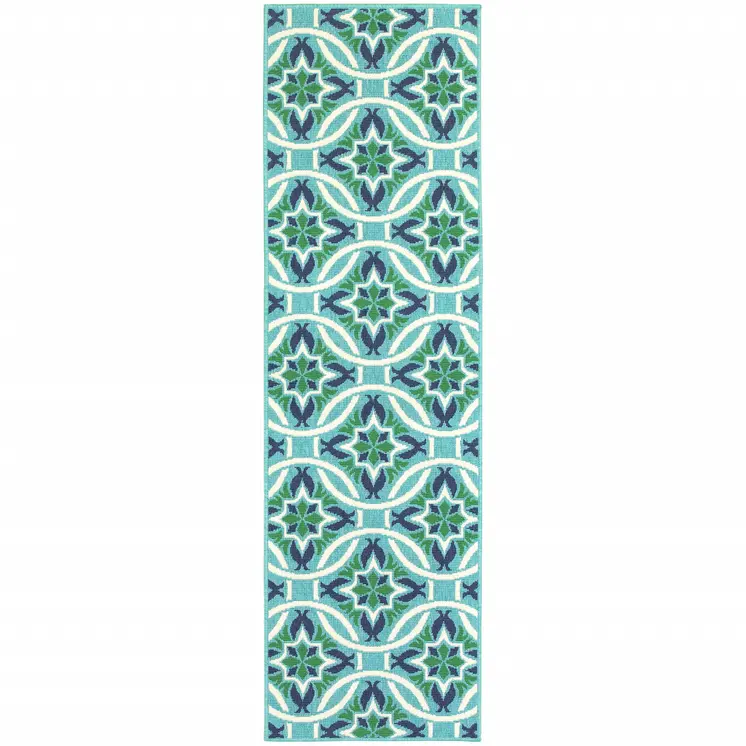 2' X 8' Blue and Green Geometric Stain Resistant Indoor Outdoor Area Rug