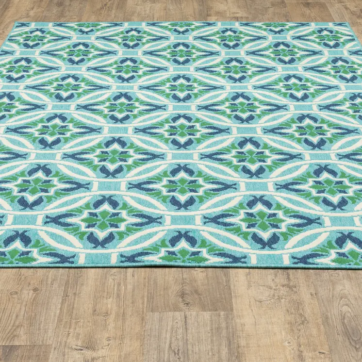 7' X 10' Blue and Green Geometric Stain Resistant Indoor Outdoor Area Rug