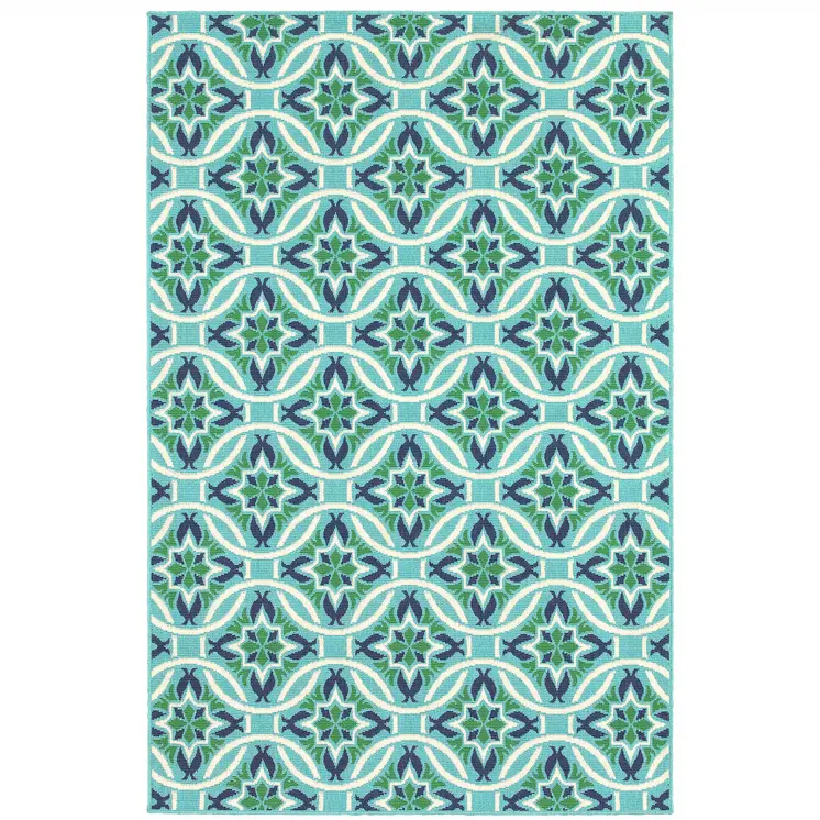 8' X 11' Blue and Green Geometric Stain Resistant Indoor Outdoor Area Rug