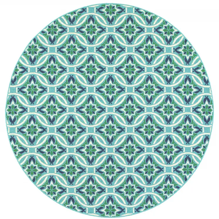 8' X 8' Blue and Green Round Geometric Stain Resistant Indoor Outdoor Area Rug