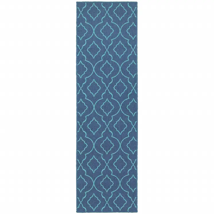 2' X 8' Blue Geometric Stain Resistant Indoor Outdoor Area Rug