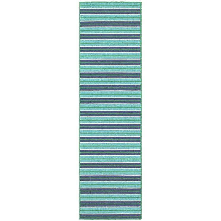 2' X 8' Blue and Green Geometric Stain Resistant Indoor Outdoor Area Rug