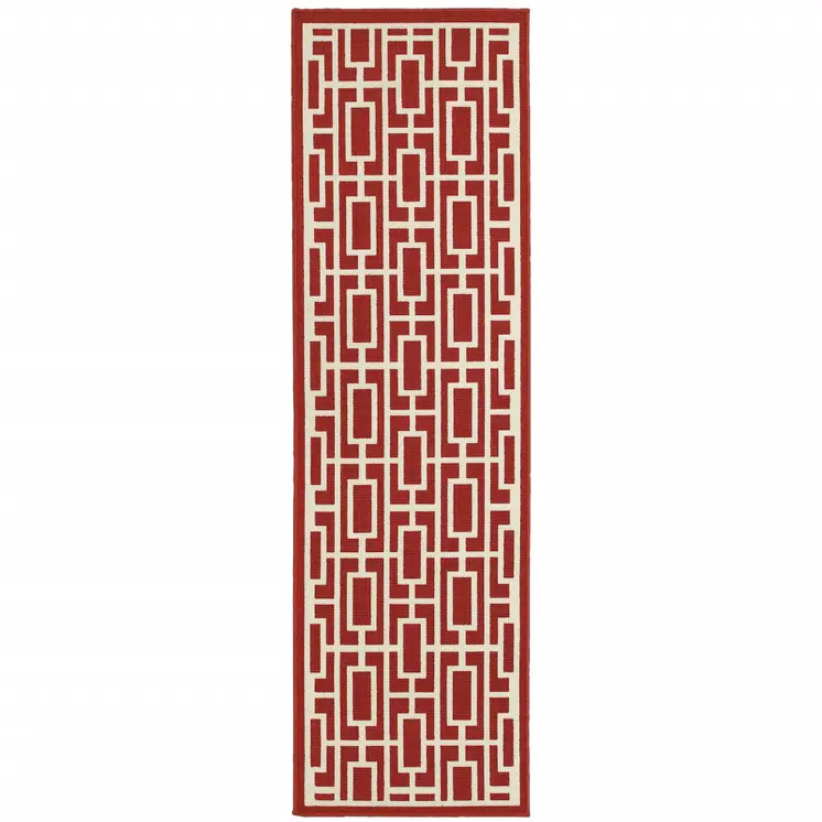 2' X 8' Red and Ivory Geometric Stain Resistant Indoor Outdoor Area Rug
