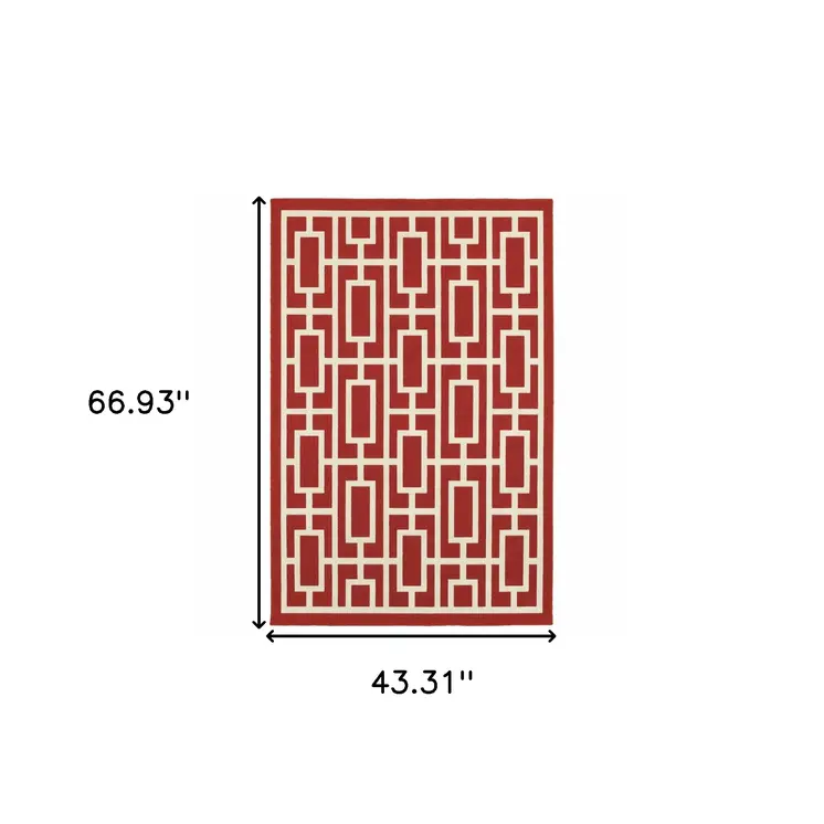 4' X 6' Red and Ivory Geometric Stain Resistant Indoor Outdoor Area Rug
