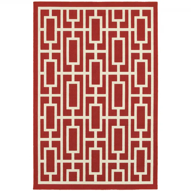 5' X 8' Red and Ivory Geometric Stain Resistant Indoor Outdoor Area Rug
