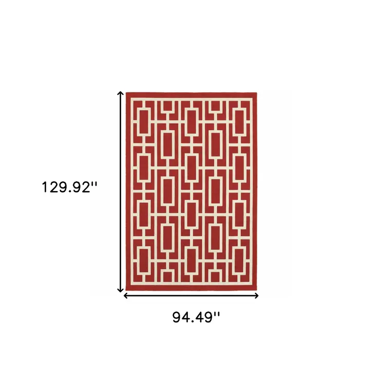 8' X 11' Red and Ivory Geometric Stain Resistant Indoor Outdoor Area Rug