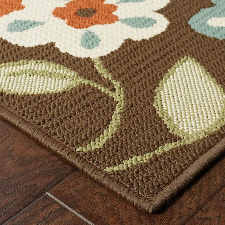 2' X 4' Brown and Ivory Floral Stain Resistant Indoor Outdoor Area Rug