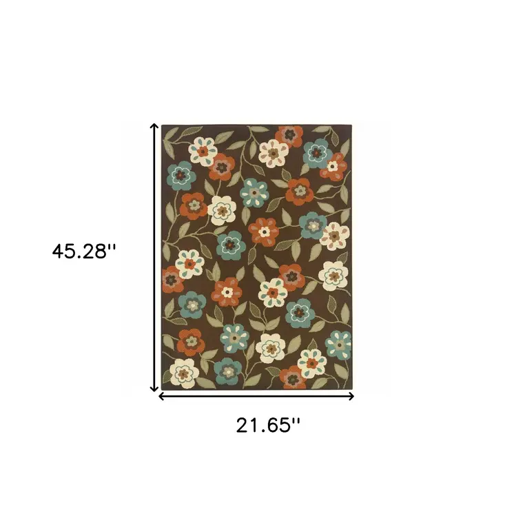 2' X 4' Brown and Ivory Floral Stain Resistant Indoor Outdoor Area Rug