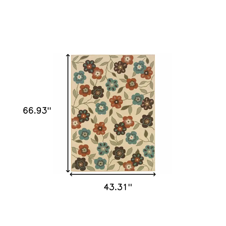 4' X 6' Brown and Ivory Floral Stain Resistant Indoor Outdoor Area Rug