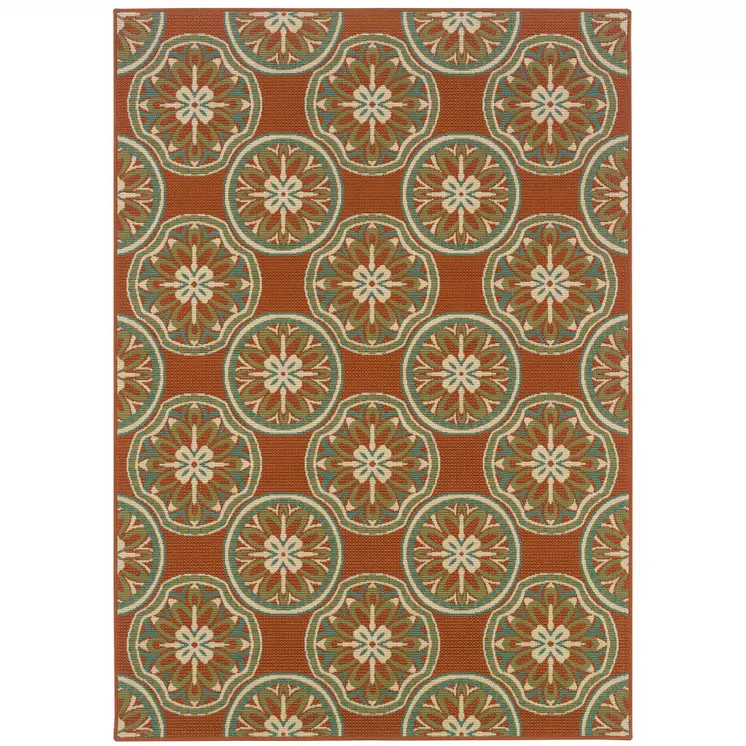 7' X 10' Brown and Ivory Floral Stain Resistant Indoor Outdoor Area Rug