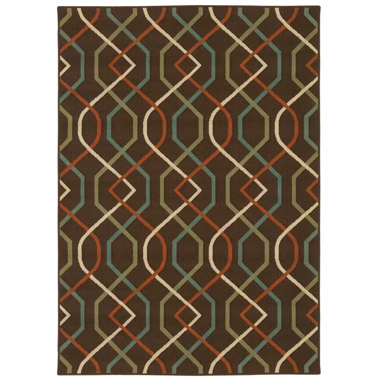 7' X 10' Brown and Ivory Geometric Stain Resistant Indoor Outdoor Area Rug