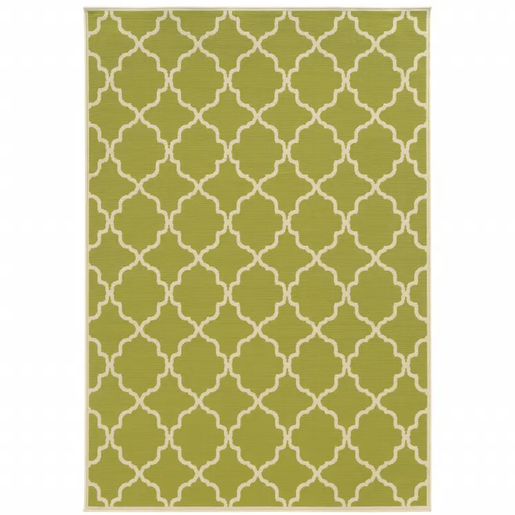 9' X 13' Green and Ivory Geometric Stain Resistant Indoor Outdoor Area Rug