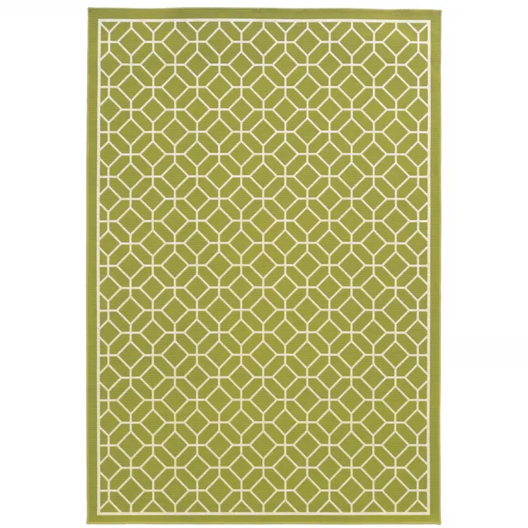 9' X 13' Green and Ivory Geometric Stain Resistant Indoor Outdoor Area Rug