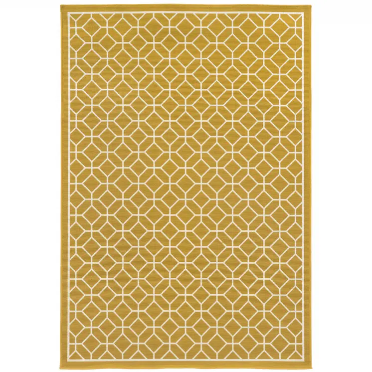 9' X 13' Gold and Ivory Geometric Stain Resistant Indoor Outdoor Area Rug