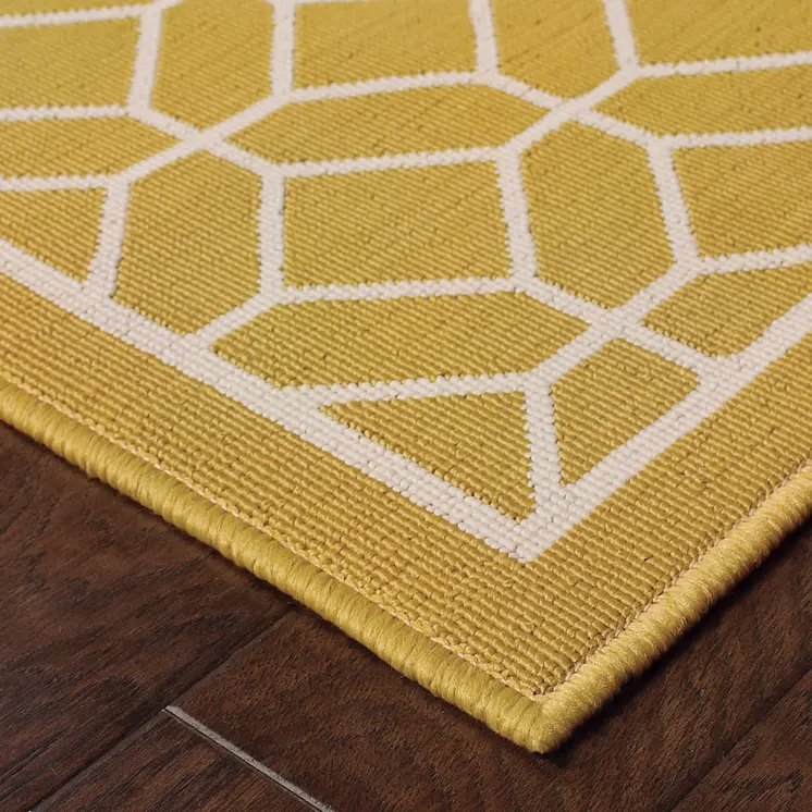 9' X 13' Gold and Ivory Geometric Stain Resistant Indoor Outdoor Area Rug
