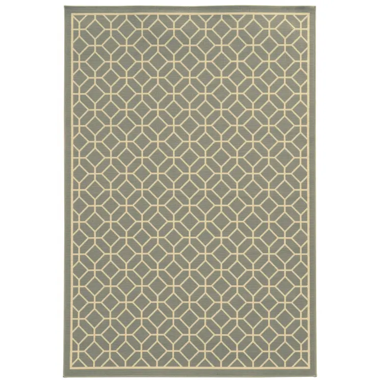 9' X 13' Gray and Ivory Geometric Stain Resistant Indoor Outdoor Area Rug