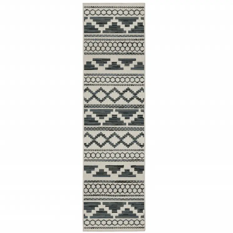 2' X 7' Blue and Beige Geometric Stain Resistant Indoor Outdoor Area Rug