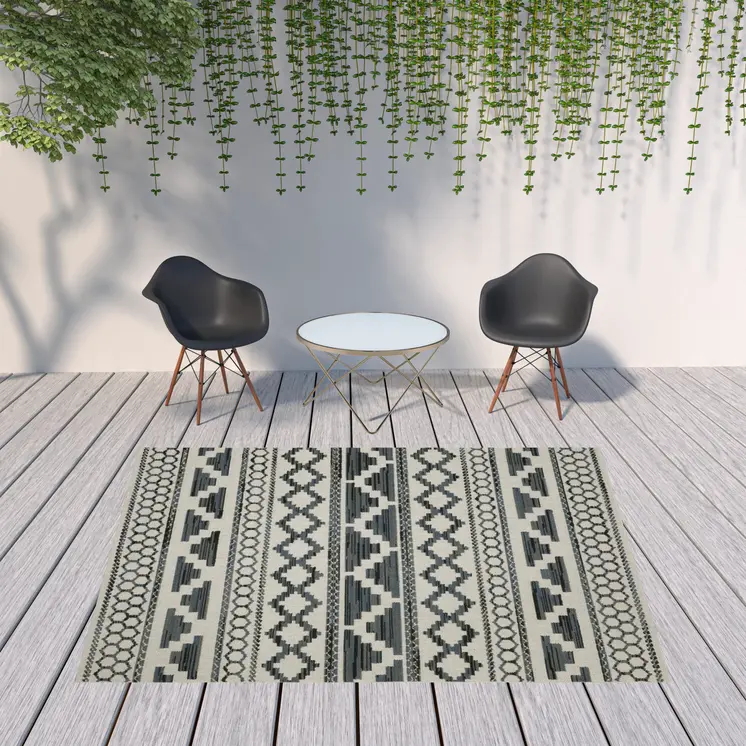 8' X 10' Blue and Beige Geometric Stain Resistant Indoor Outdoor Area Rug