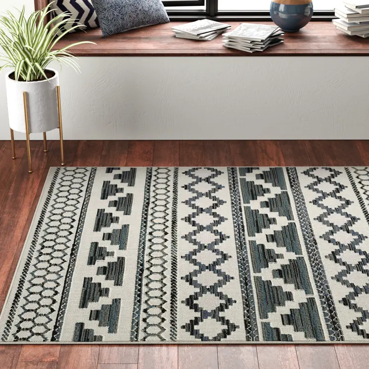 8' X 10' Blue and Beige Geometric Stain Resistant Indoor Outdoor Area Rug