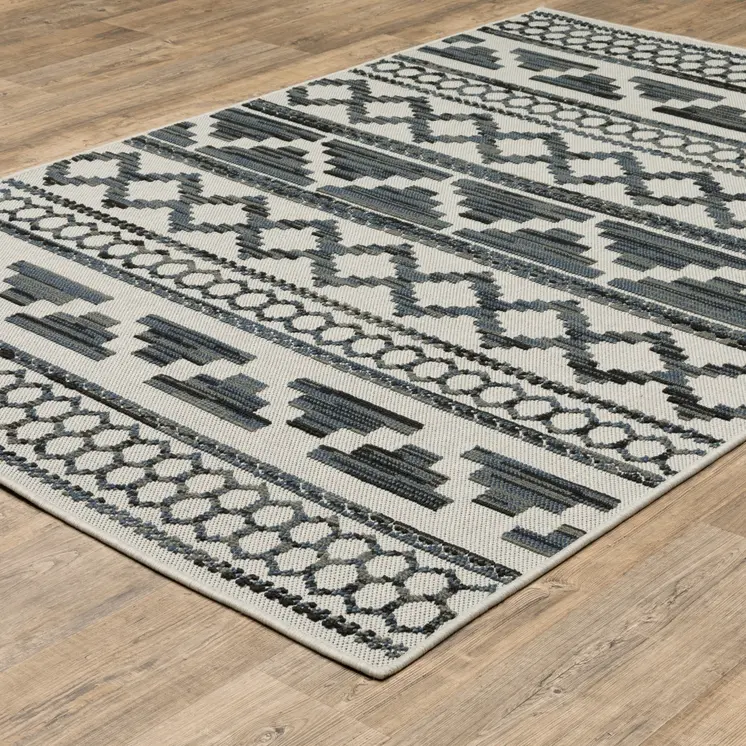 8' X 10' Blue and Beige Geometric Stain Resistant Indoor Outdoor Area Rug