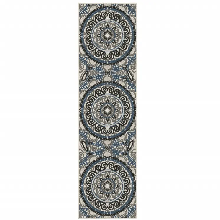2' X 7' Blue and Beige Geometric Stain Resistant Indoor Outdoor Area Rug