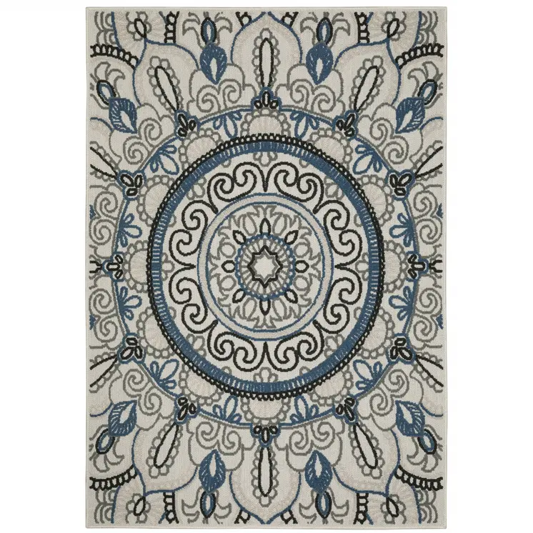5' X 7' Blue and Beige Geometric Stain Resistant Indoor Outdoor Area Rug