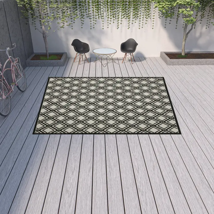 10' X 13' Beige and Black Geometric Stain Resistant Indoor Outdoor Area Rug