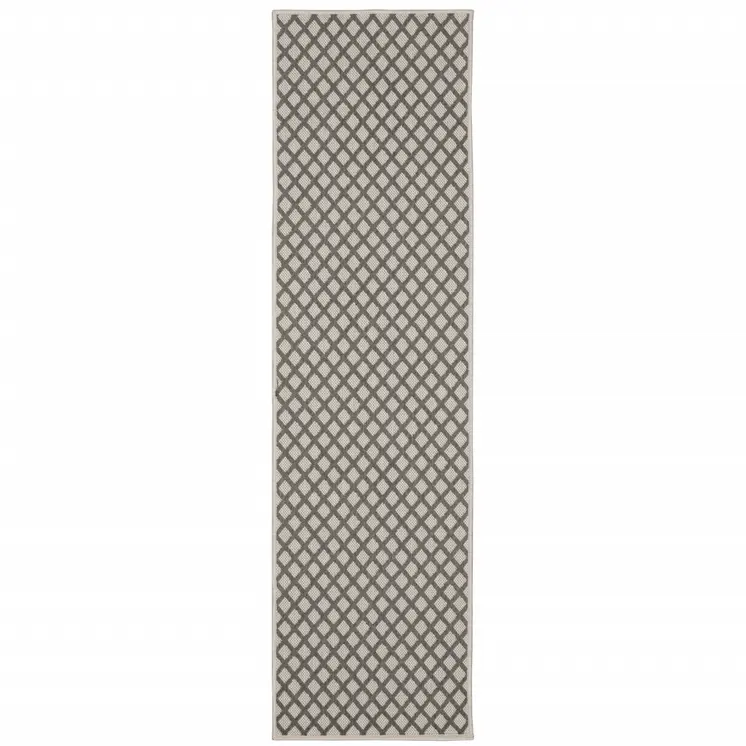 2' X 7' Beige Geometric Stain Resistant Indoor Outdoor Area Rug