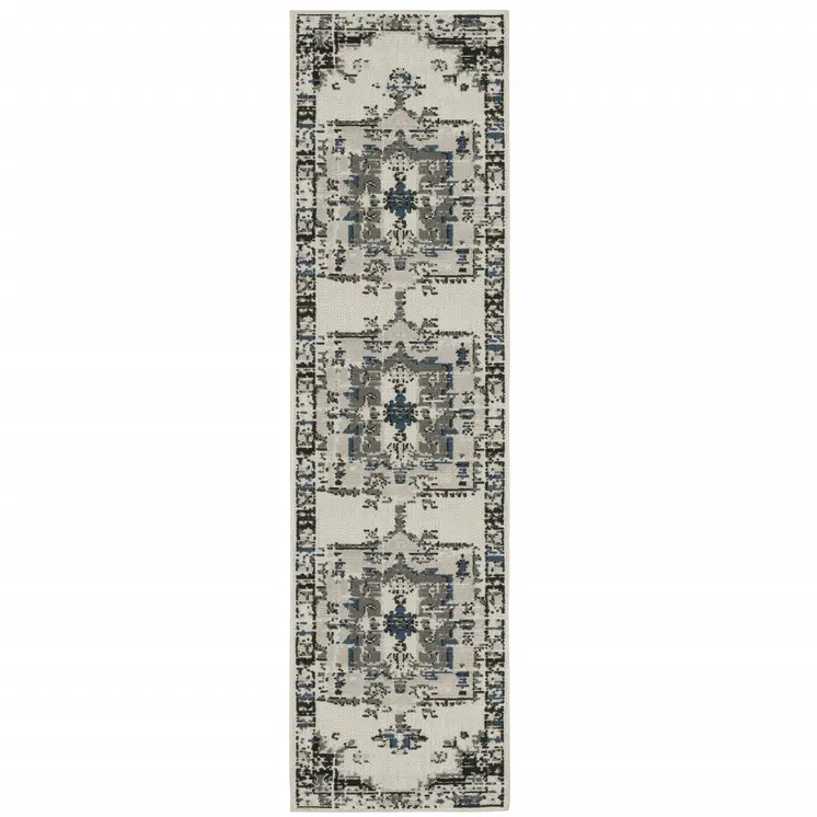 2' X 7' Blue and Beige Oriental Stain Resistant Indoor Outdoor Area Rug