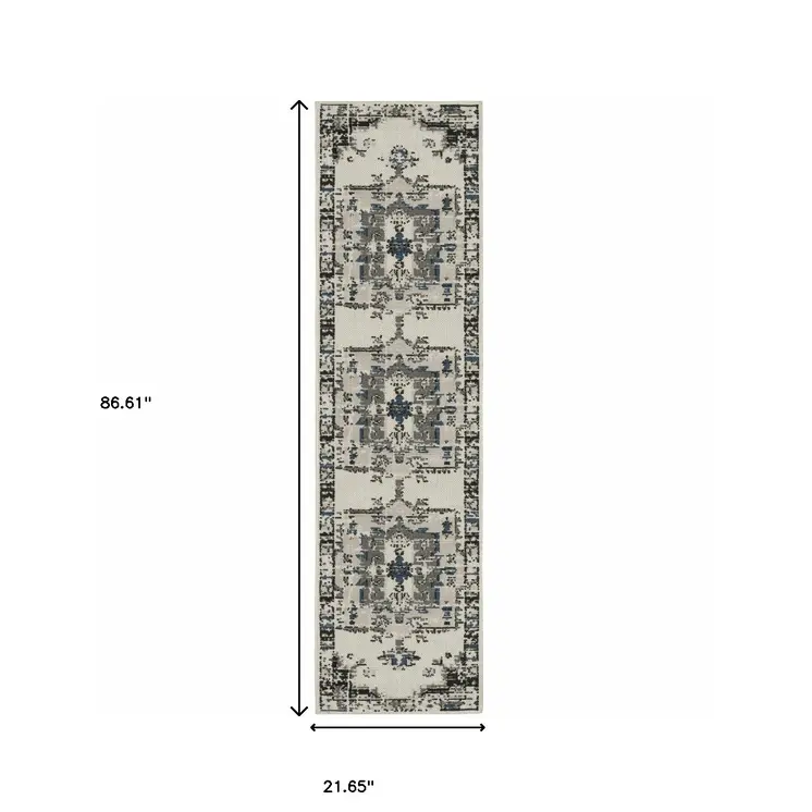 2' X 7' Blue and Beige Oriental Stain Resistant Indoor Outdoor Area Rug