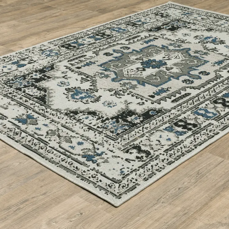 10' X 13' Blue and Beige Oriental Stain Resistant Indoor Outdoor Area Rug