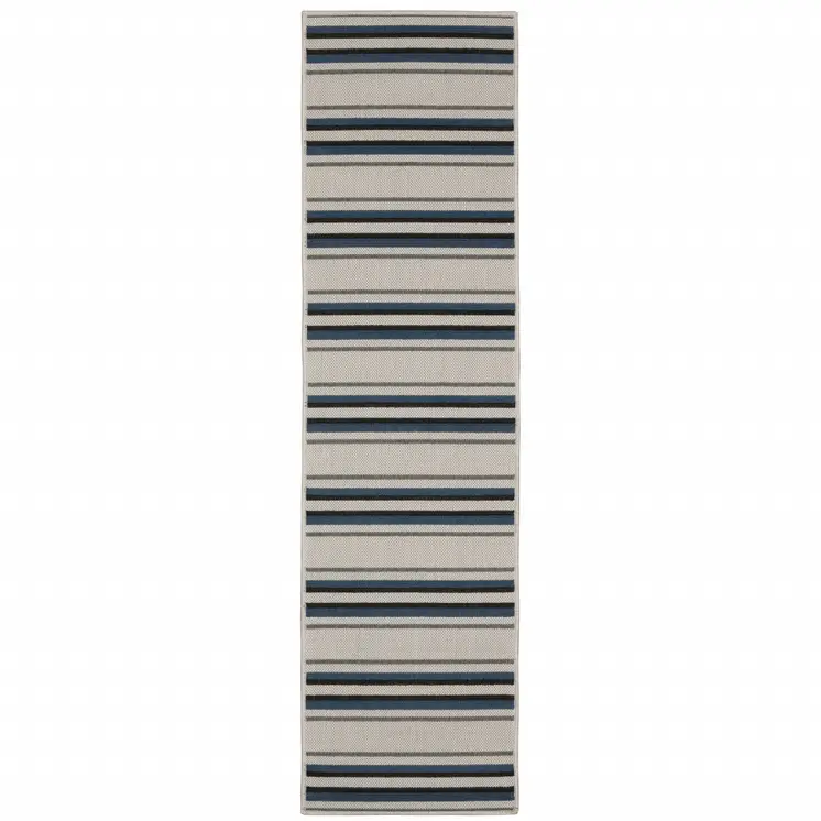 2' X 7' Blue and Beige Geometric Stain Resistant Indoor Outdoor Area Rug