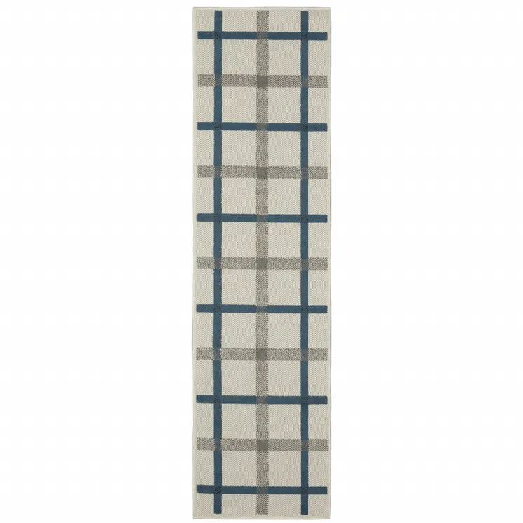 2' X 7' Blue and Beige Geometric Stain Resistant Indoor Outdoor Area Rug