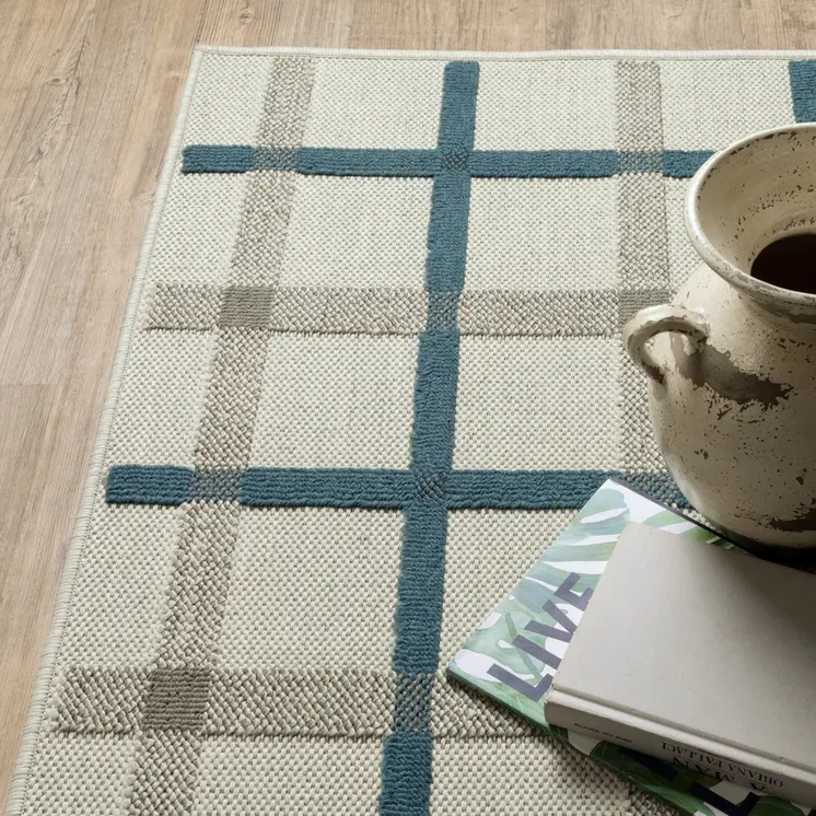 7' X 9' Blue and Beige Geometric Stain Resistant Indoor Outdoor Area Rug