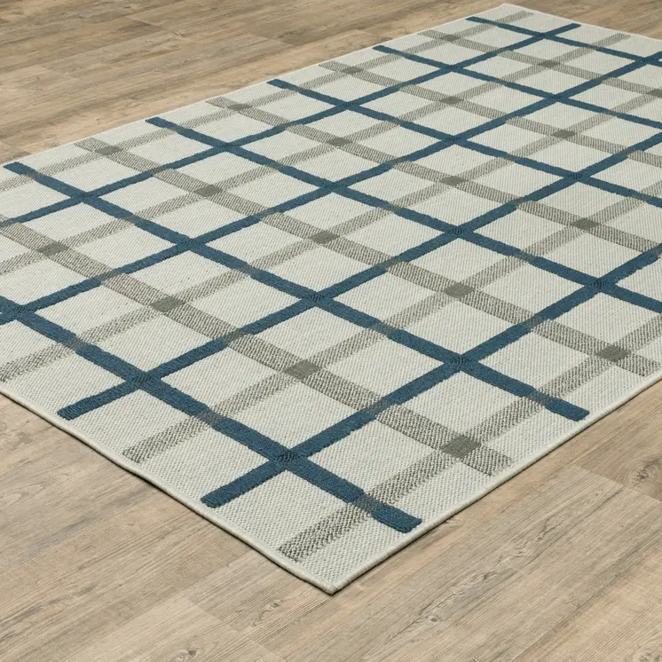 8' X 10' Blue and Beige Geometric Stain Resistant Indoor Outdoor Area Rug