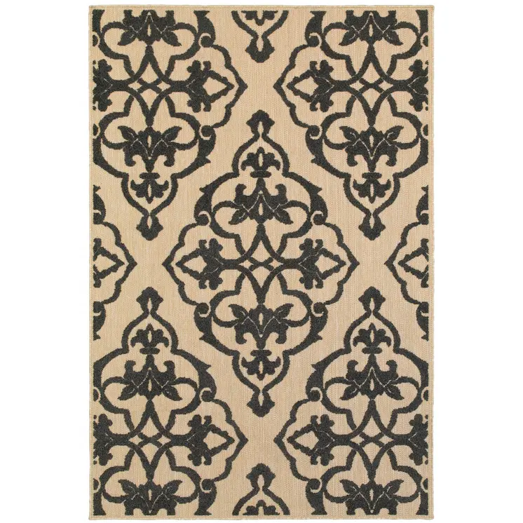 4' X 5' Beige and Black Oriental Stain Resistant Indoor Outdoor Area Rug