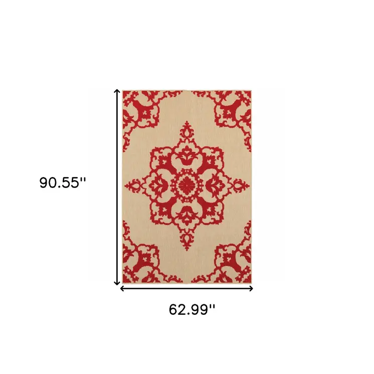 5' X 8' Red Oriental Stain Resistant Indoor Outdoor Area Rug