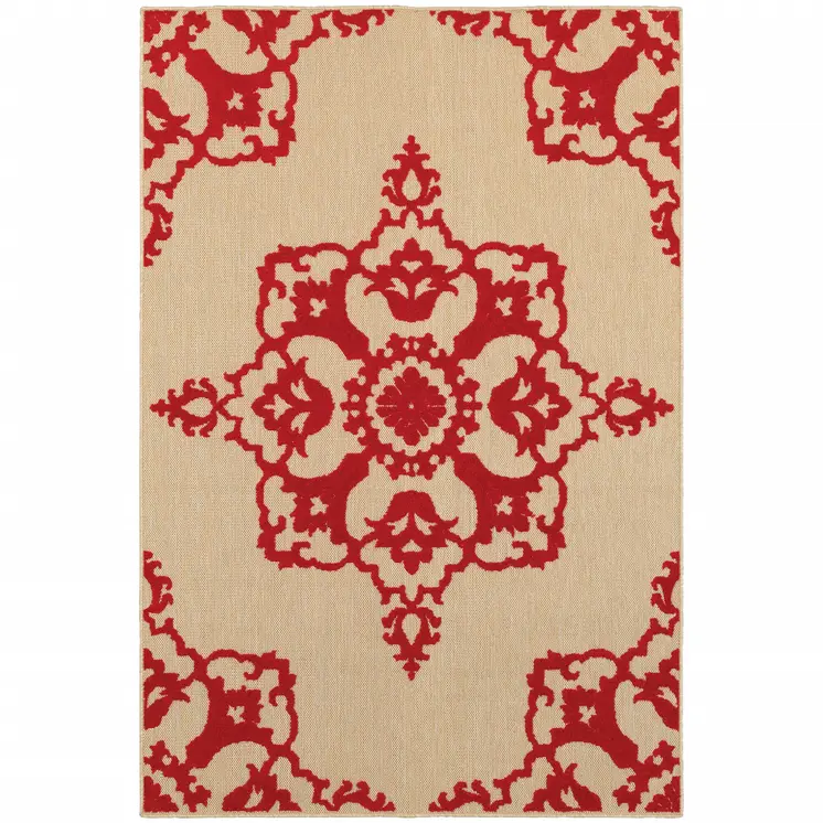 7' X 10' Red Oriental Stain Resistant Indoor Outdoor Area Rug