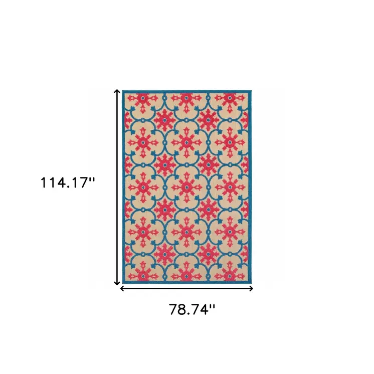 7' X 10' Blue and Beige Oriental Stain Resistant Indoor Outdoor Area Rug