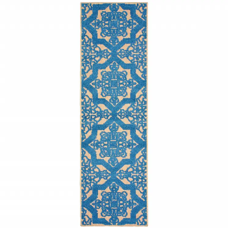 2' X 8' Blue and Beige Oriental Stain Resistant Indoor Outdoor Area Rug