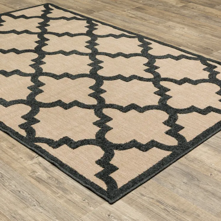 2' X 3' Beige and Black Geometric Stain Resistant Indoor Outdoor Area Rug