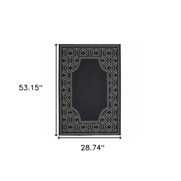 2' X 4' Black and Ivory Stain Resistant Indoor Outdoor Area Rug