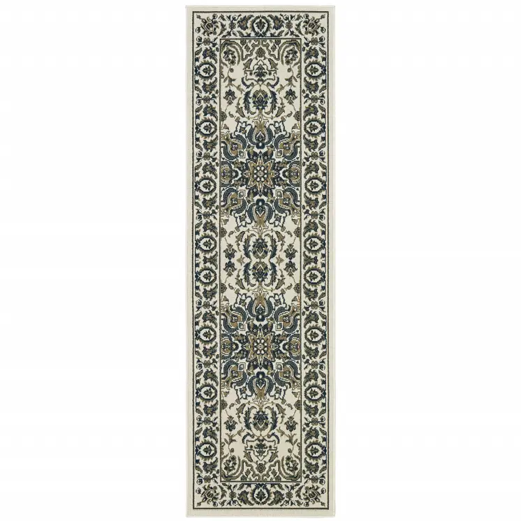 2' X 8' Ivory and Blue Oriental Stain Resistant Indoor Outdoor Area Rug